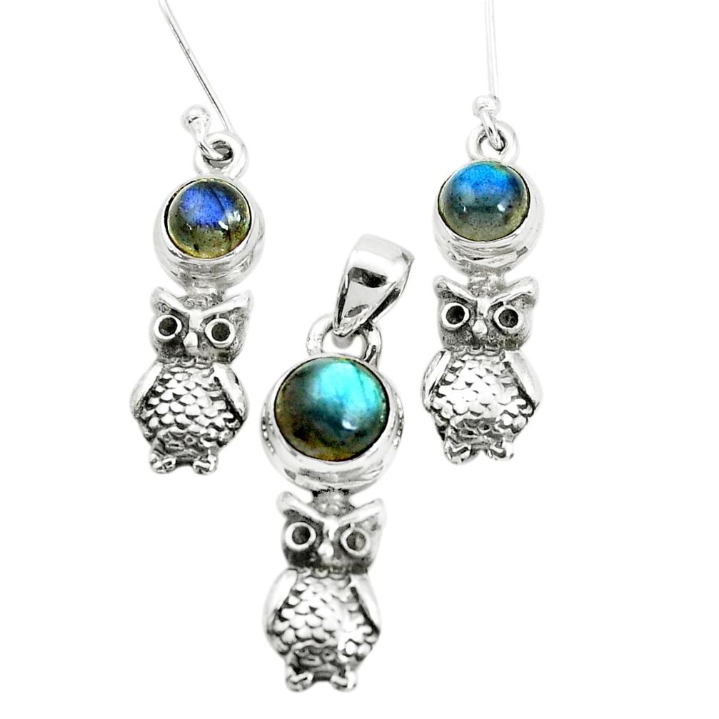 6.15cts natural blue labradorite 925 silver owl pendant earrings set p38532