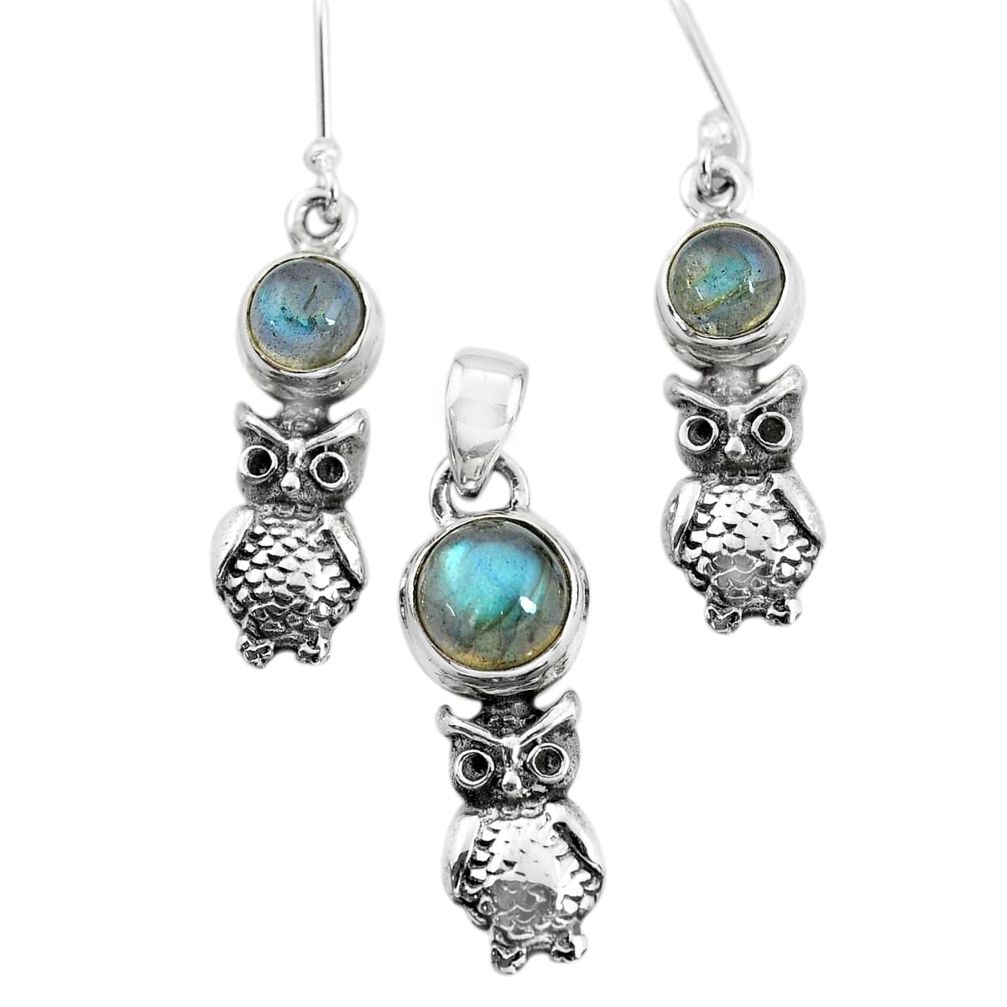 8.07cts natural blue labradorite 925 silver owl pendant earrings set p58339