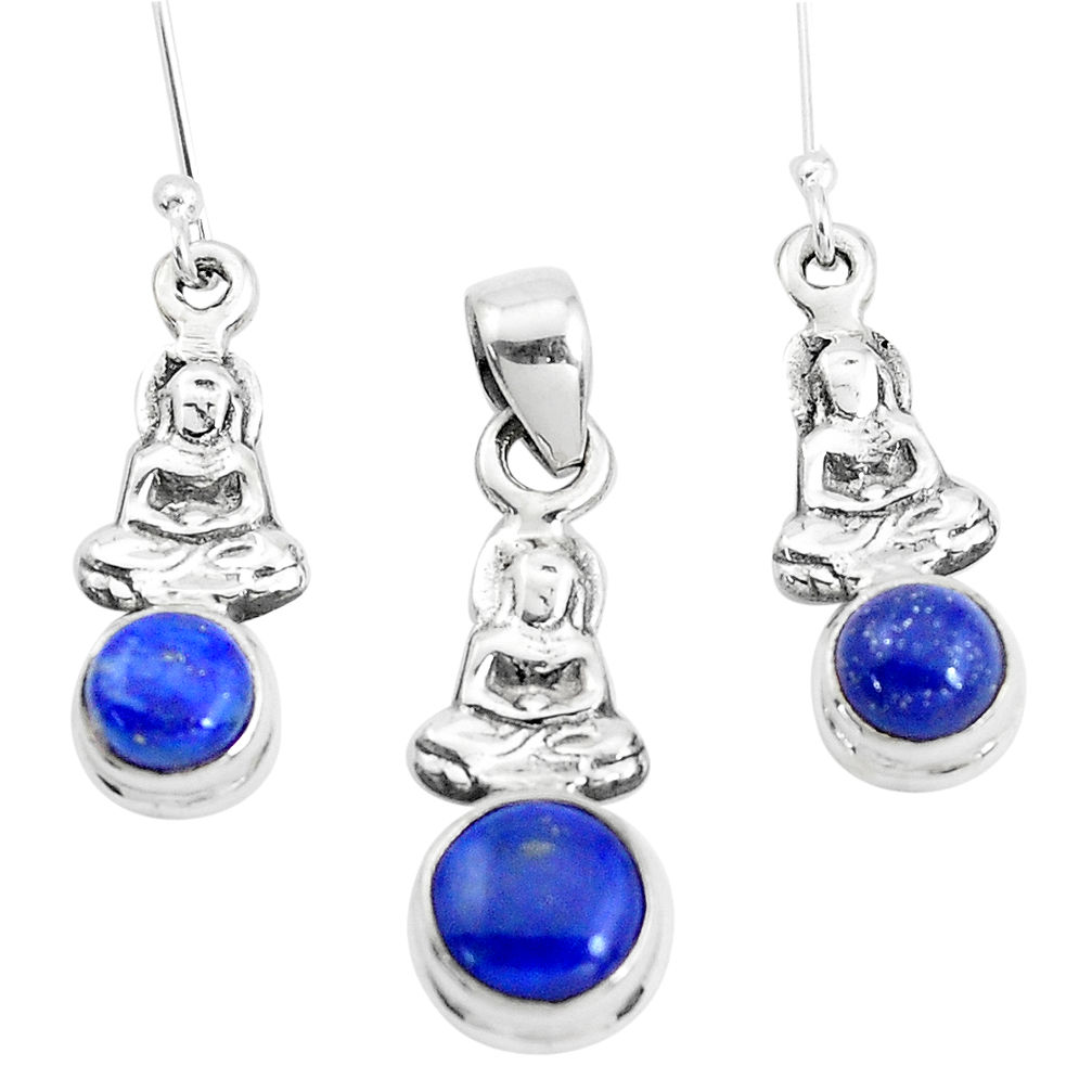Natural blue lapis lazuli 925 silver buddha charm pendant earrings set p38558