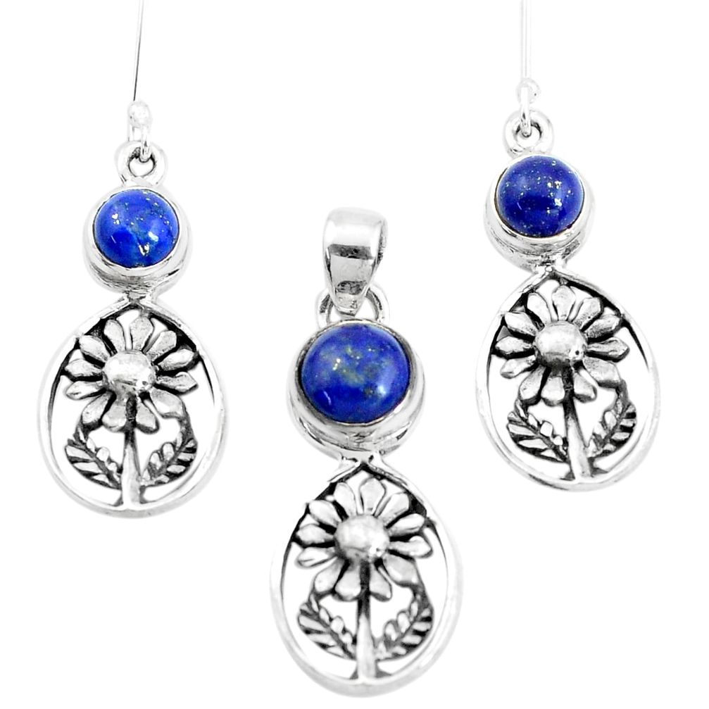 7.41cts natural blue lapis lazuli 925 silver flower pendant earrings set p38537