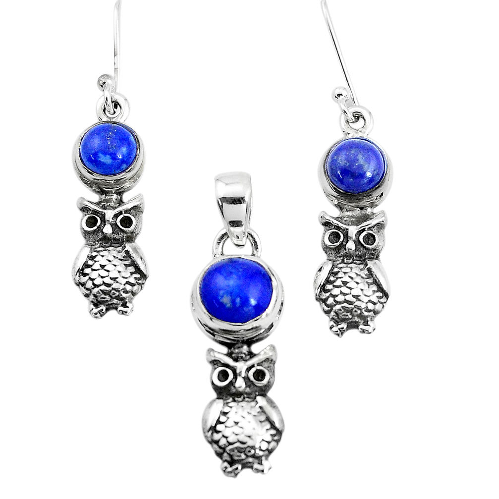 6.15cts natural blue lapis lazuli 925 silver owl pendant earrings set p38515