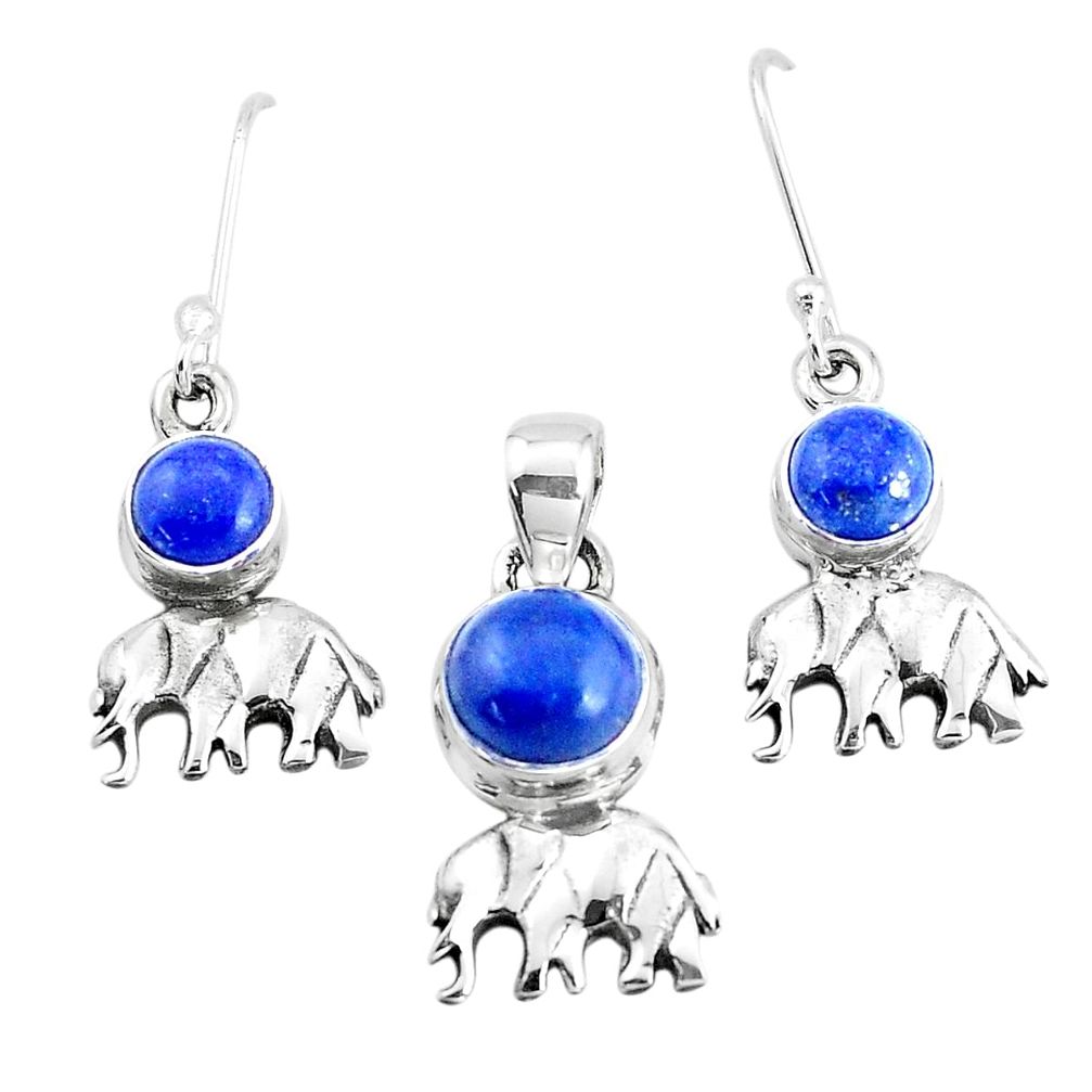 6.00cts natural blue lapis lazuli silver elephant pendant earrings set p38652