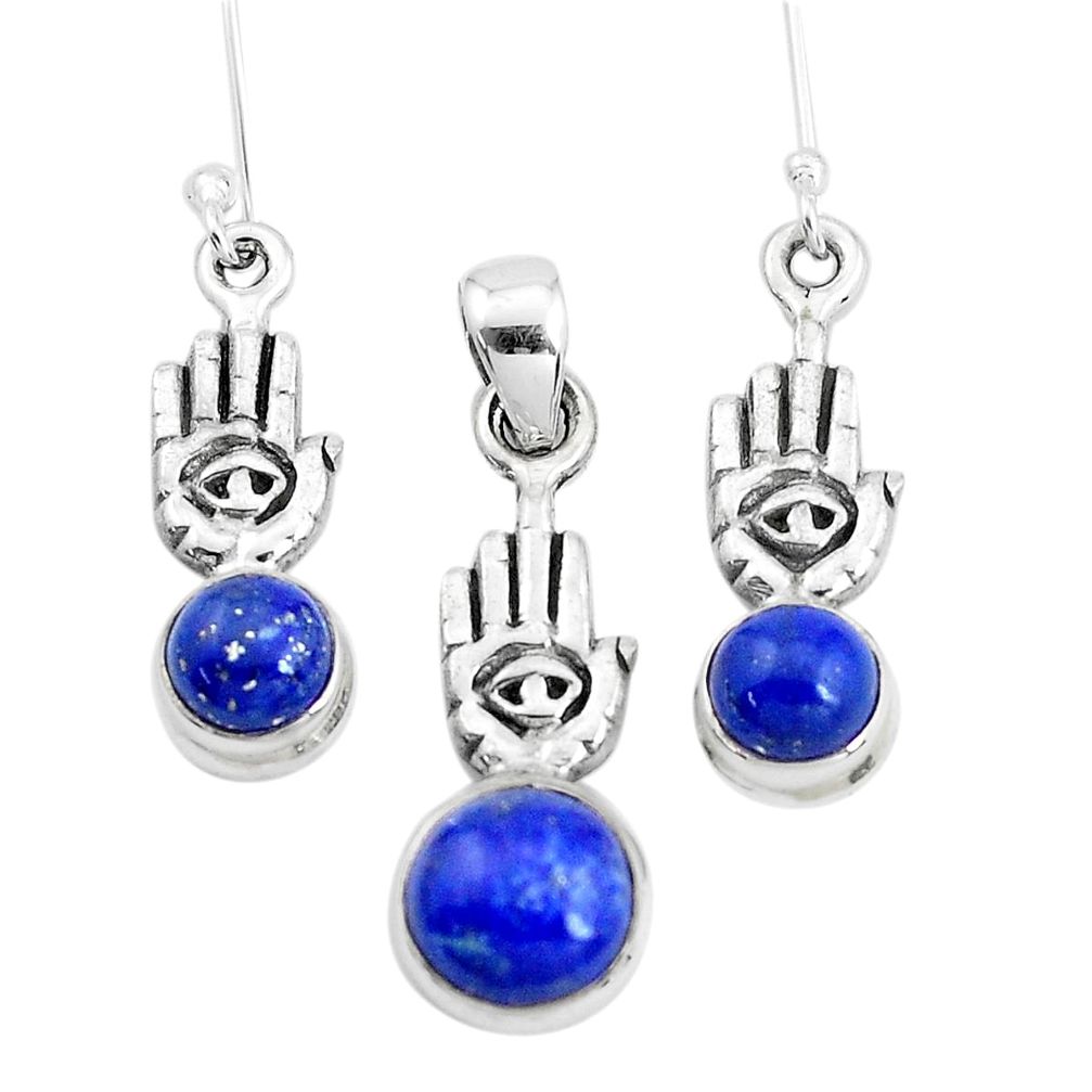 Natural blue lapis lazuli silver hand of god hamsa pendant earrings set p38554