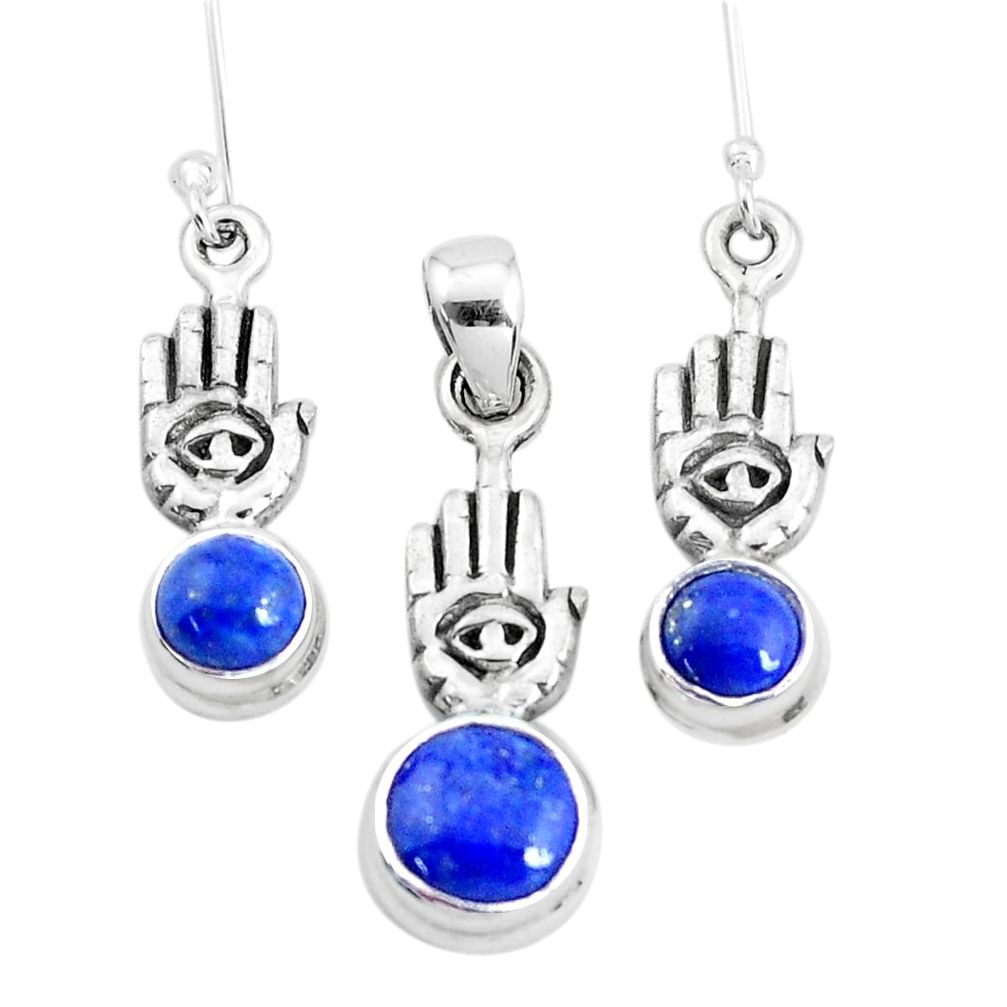 Natural blue lapis lazuli silver hand of god hamsa pendant earrings set p38631