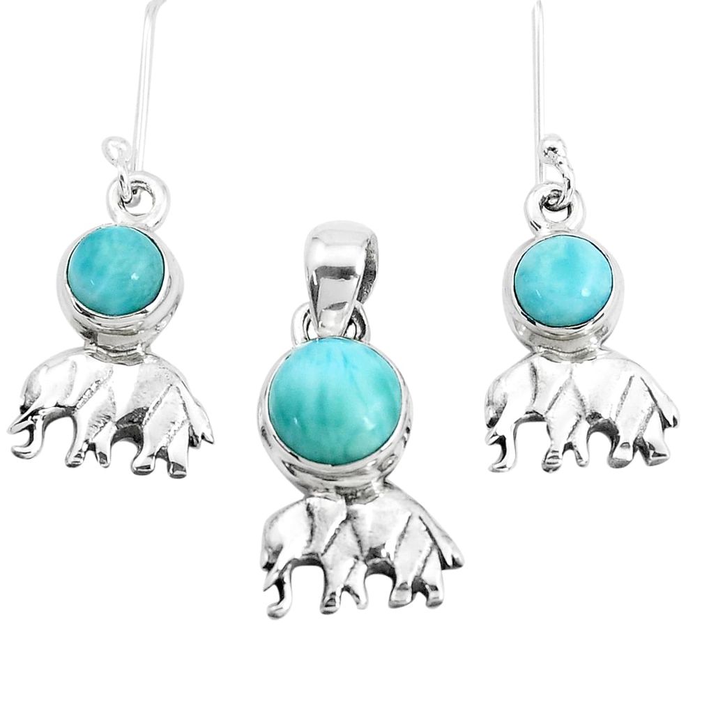 6.79cts natural blue larimar 925 silver elephant pendant earrings set p38585
