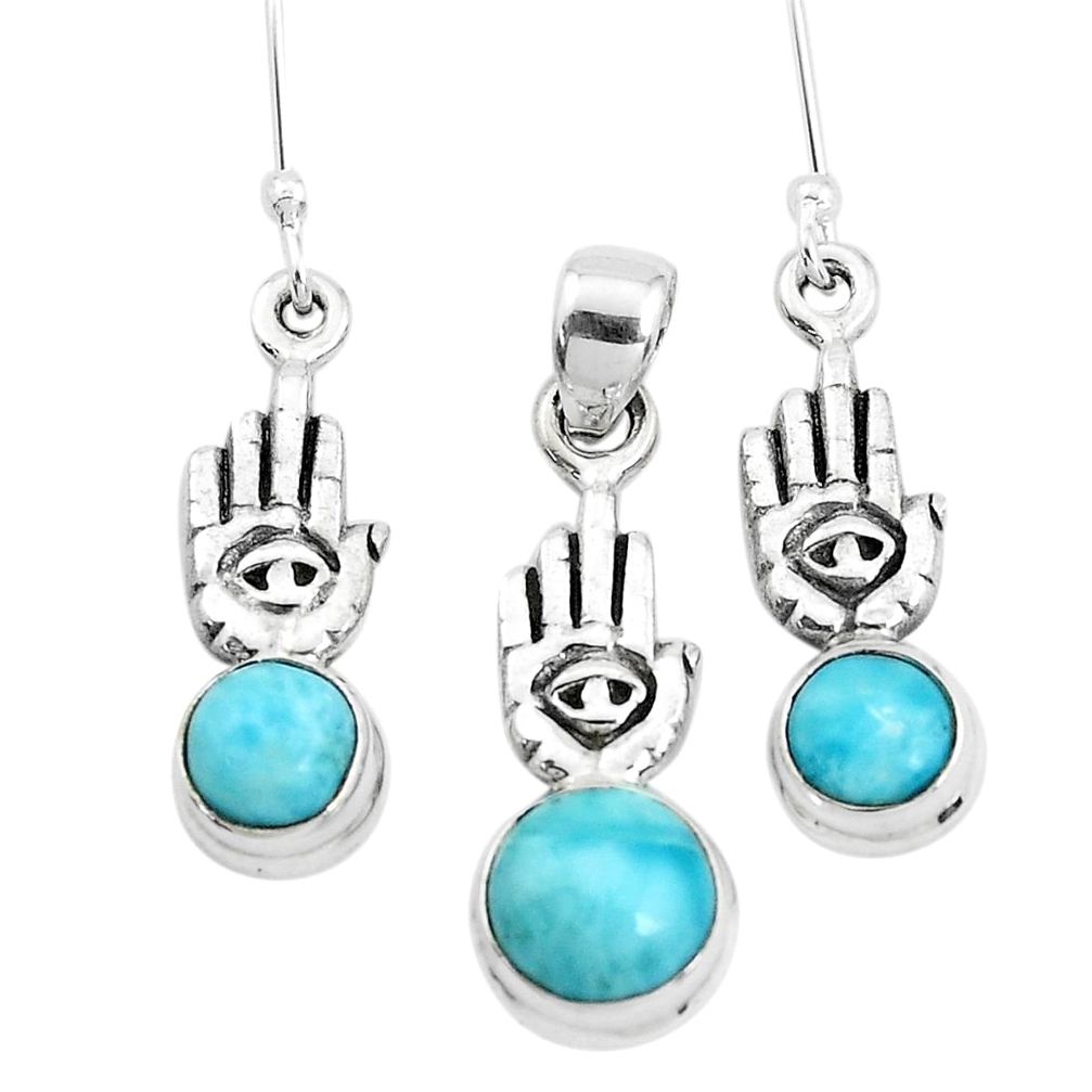 Natural blue larimar 925 silver hand of god hamsa pendant earrings set p38555