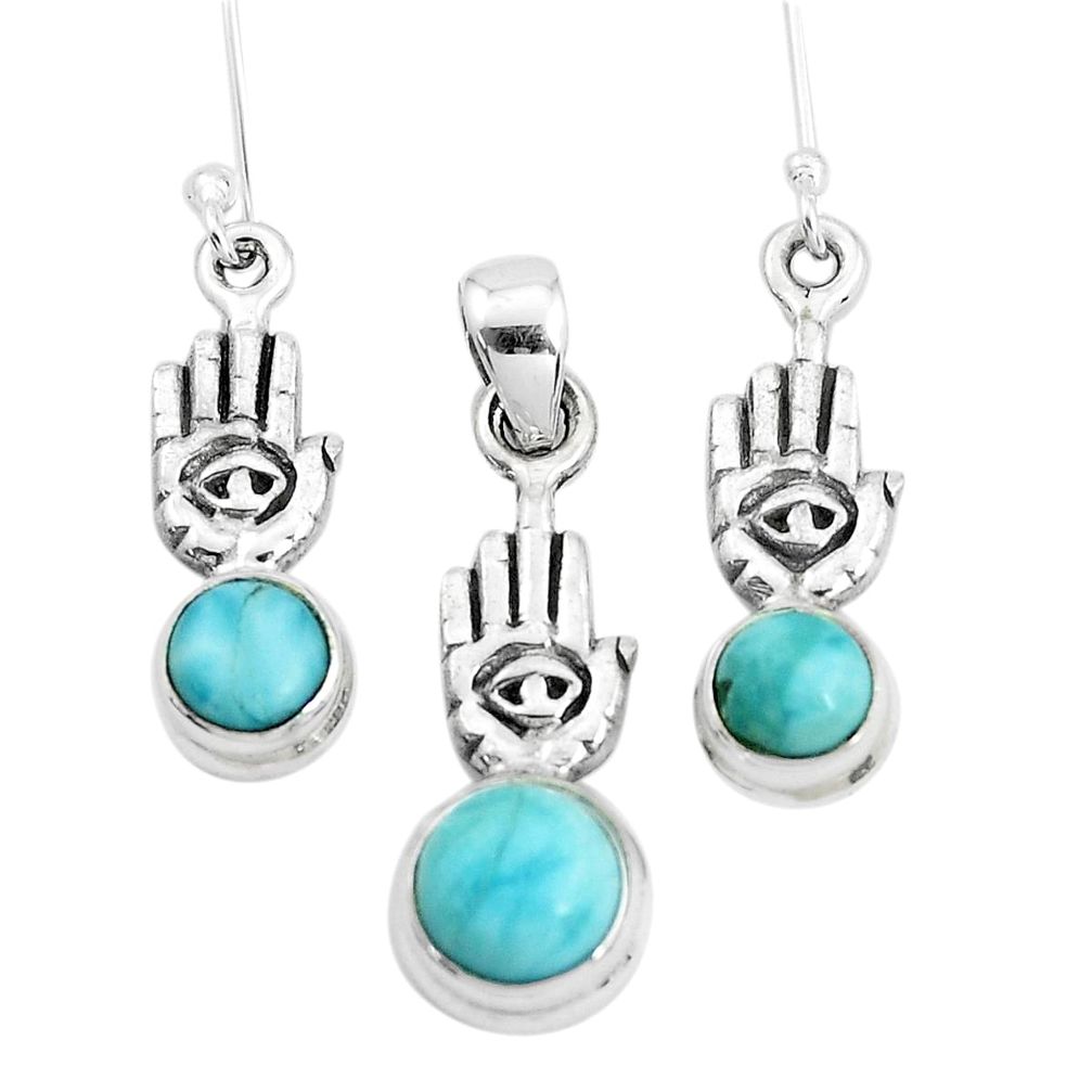 Natural blue larimar 925 silver hand of god hamsa pendant earrings set p38597