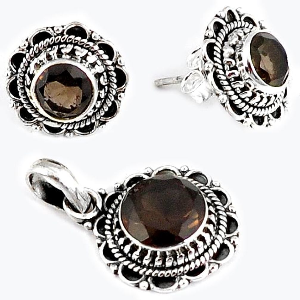 NATURAL BROWN SMOKY TOPAZ 925 STERLING SILVER PENDANT EARRINGS SET H23362