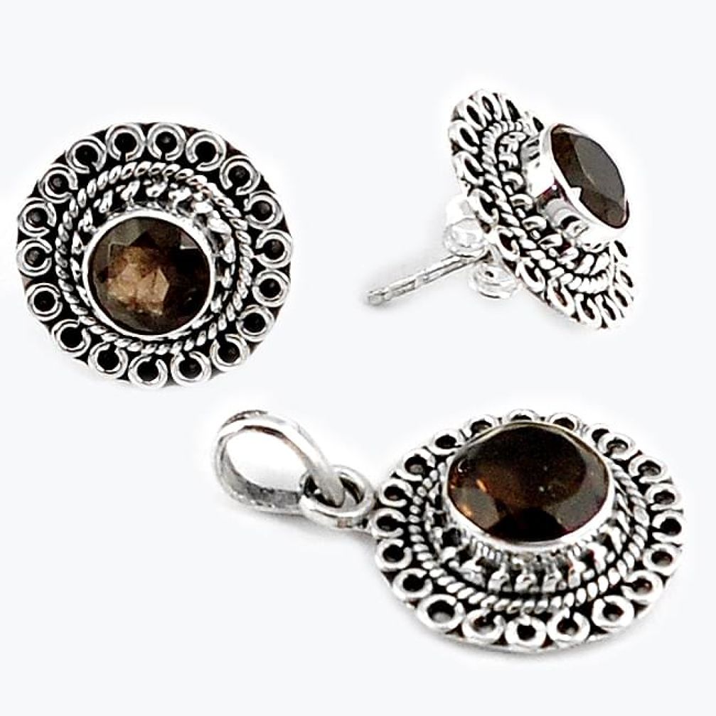 NATURAL BROWN SMOKY TOPAZ 925 STERLING SILVER PENDANT EARRINGS SET H23378