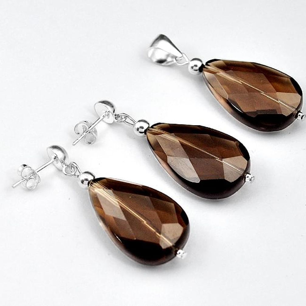 Natural brown smoky topaz 925 sterling silver pendant earrings set h50093