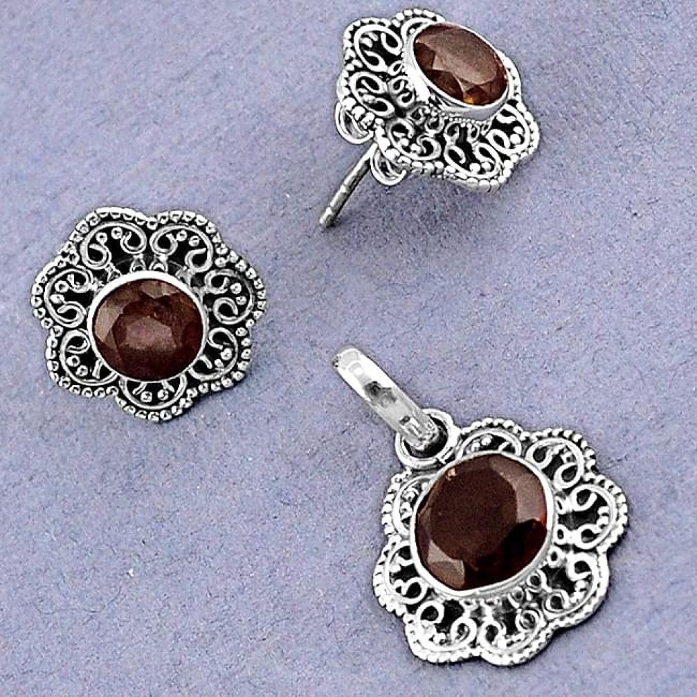 NATURAL BROWN SMOKY TOPAZ ROUND 925 STERLING SILVER PENDANT EARRINGS SET H23398