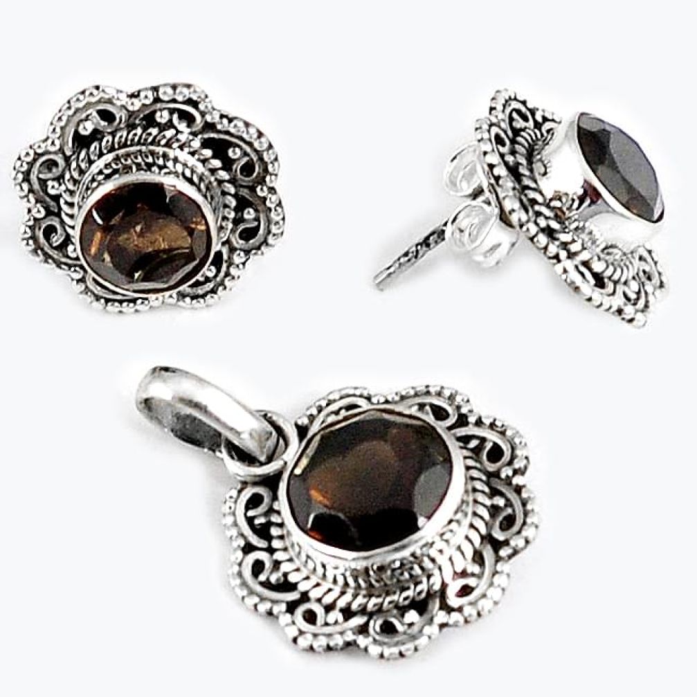 NATURAL BROWN SMOKY TOPAZ ROUND SHAPE 925 SILVER PENDANT EARRINGS SET H23363