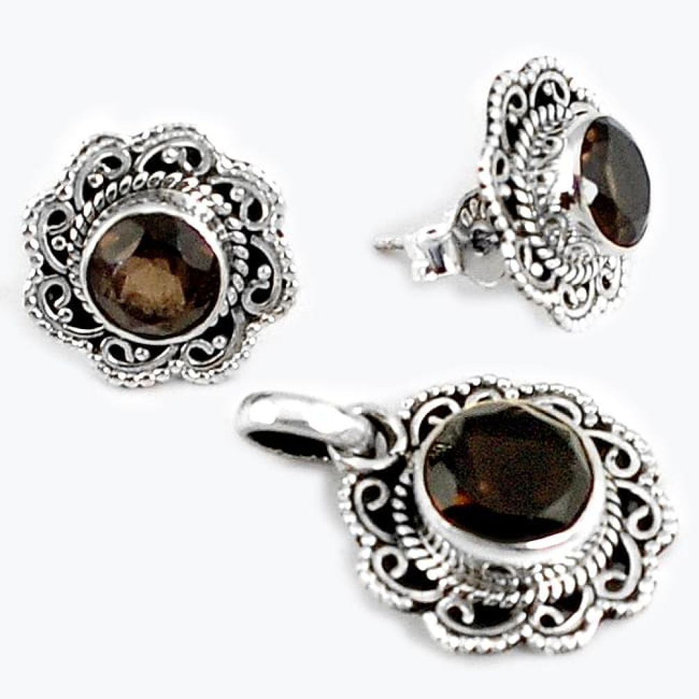NATURAL BROWN SMOKY TOPAZ ROUND SHAPE 925 SILVER PENDANT EARRINGS SET H23376