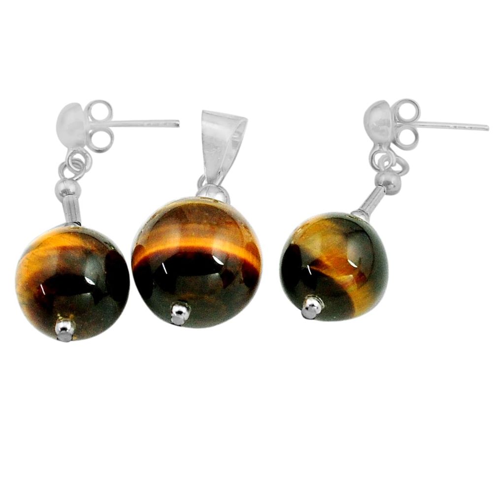 32.60cts natural brown tiger's eye 925 silver pendant earrings set c4489