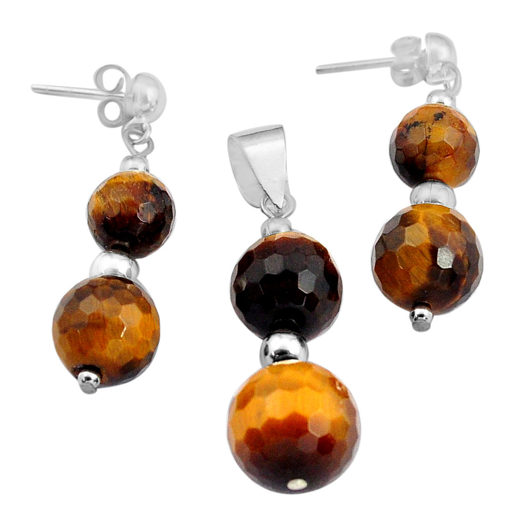 29.55cts natural brown tiger's eye 925 silver pendant earrings set c4490