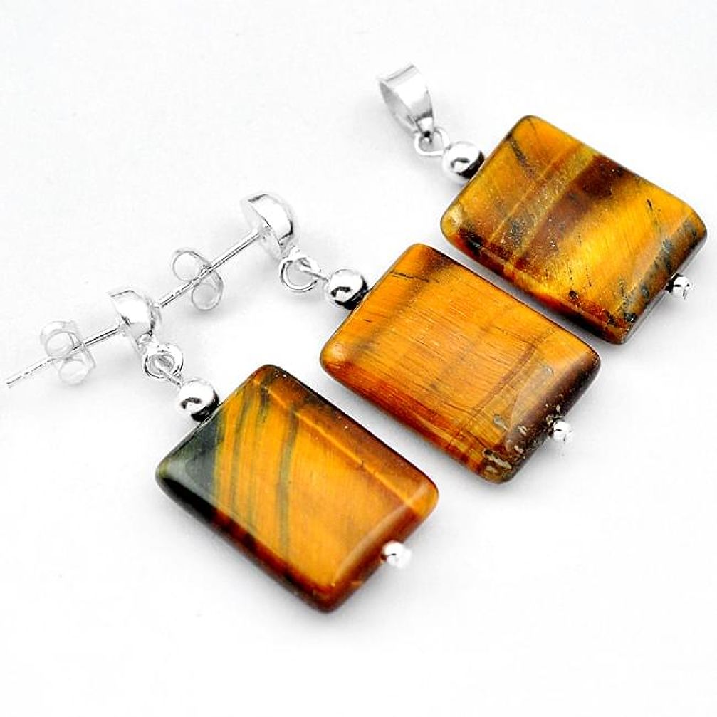 NATURAL BROWN TIGERS EYE 925 STERLING SILVER PENDANT EARRINGS SET JEWELRY H29842