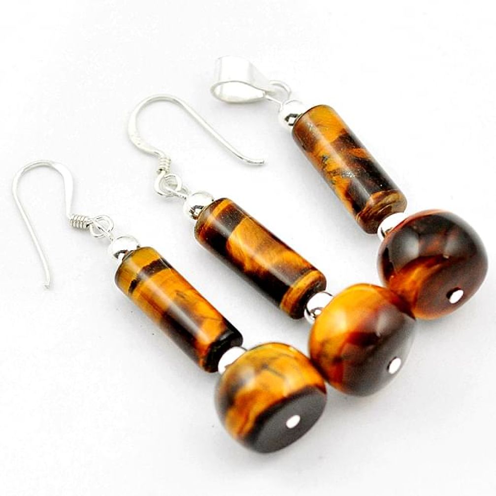 NATURAL BROWN TIGERS EYE 925 STERLING SILVER PENDANT EARRINGS SET JEWELRY H29845