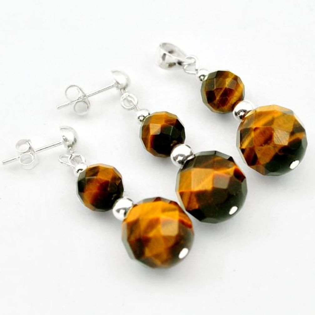 NATURAL BROWN TIGERS EYE 925 STERLING SILVER PENDANT EARRINGS SET JEWELRY H29847