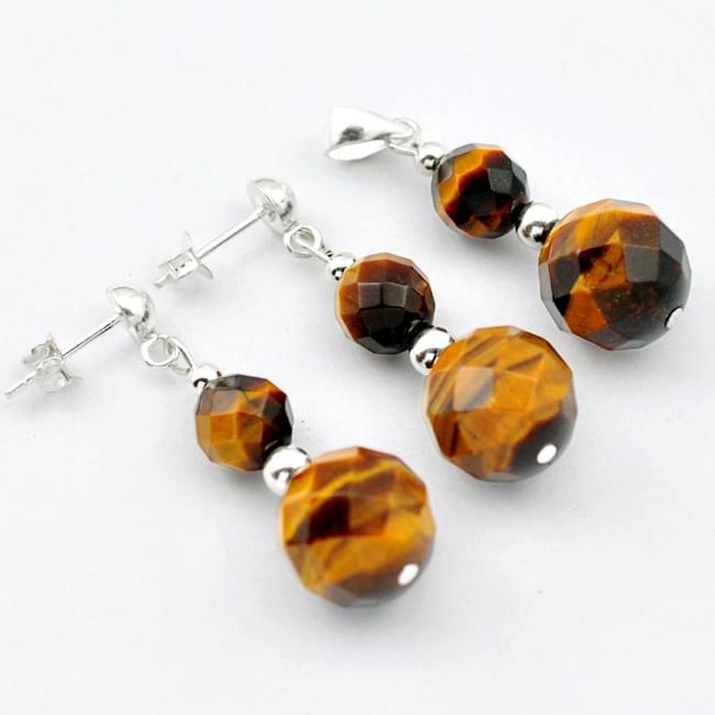 NATURAL BROWN TIGERS EYE 925 STERLING SILVER PENDANT EARRINGS SET JEWELRY H29848