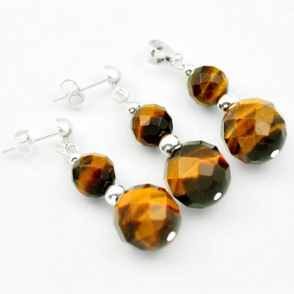 NATURAL BROWN TIGERS EYE 925 STERLING SILVER PENDANT EARRINGS SET JEWELRY H29849