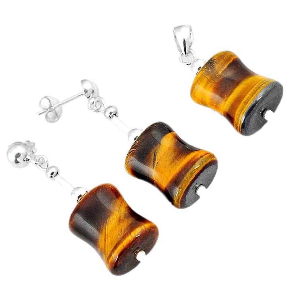 NATURAL BROWN TIGERS EYE 925 STERLING SILVER PENDANT EARRINGS SET JEWELRY H29852