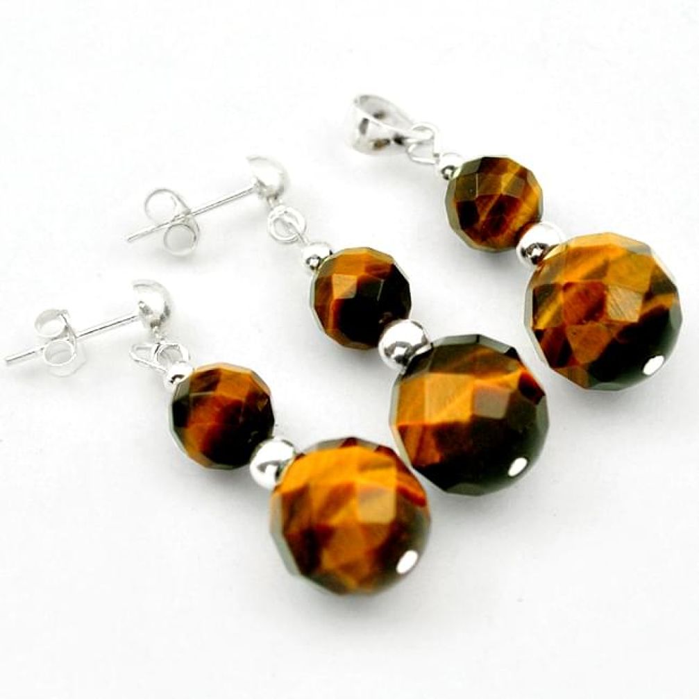 NATURAL BROWN TIGERS EYE 925 STERLING SILVER PENDANT EARRINGS SET JEWELRY H29931