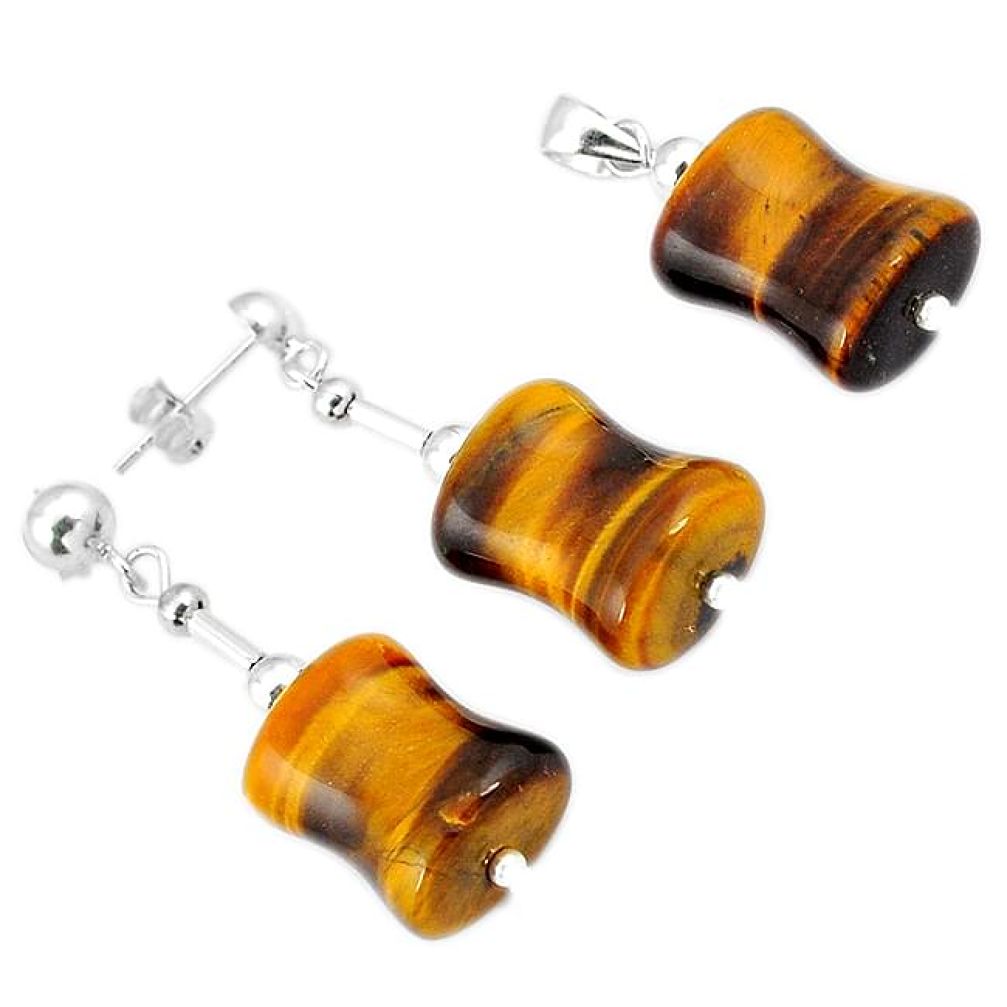 NATURAL BROWN TIGERS EYE 925 STERLING SILVER PENDANT EARRINGS SET JEWELRY H29936