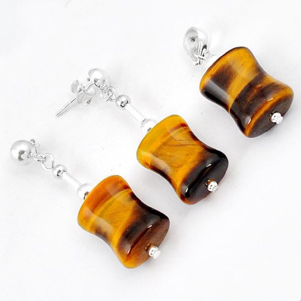 NATURAL BROWN TIGERS EYE 925 STERLING SILVER PENDANT EARRINGS SET JEWELRY H29940