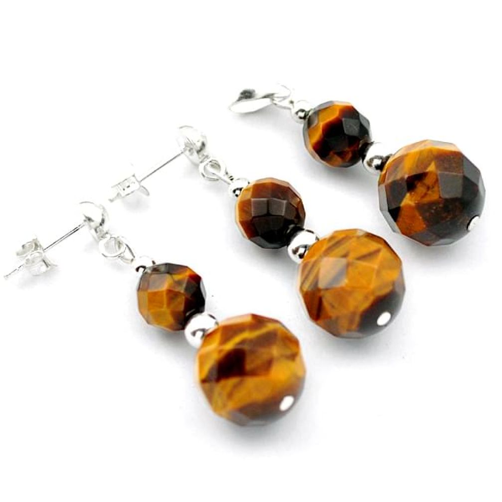 NATURAL BROWN TIGERS EYE BEADS SHAPE 925 SILVER PENDANT EARRINGS SET H29932