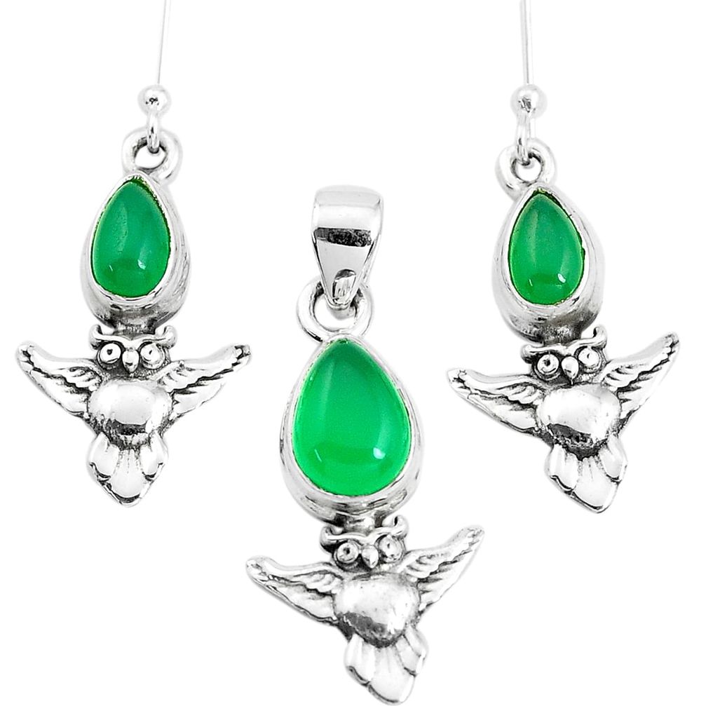 5.81cts natural green chalcedony 925 silver owl pendant earrings set p38542