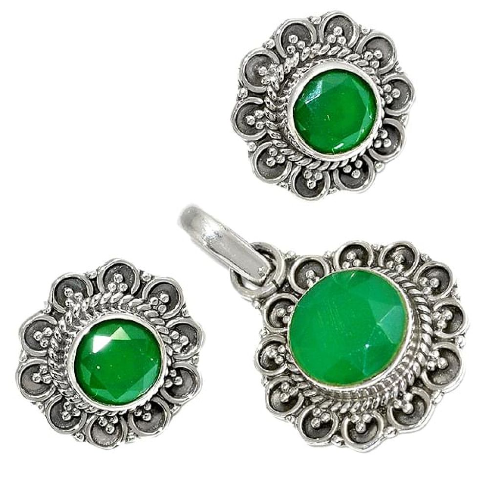 Natural green chalcedony 925 sterling silver pendant earrings set jewelry h92338