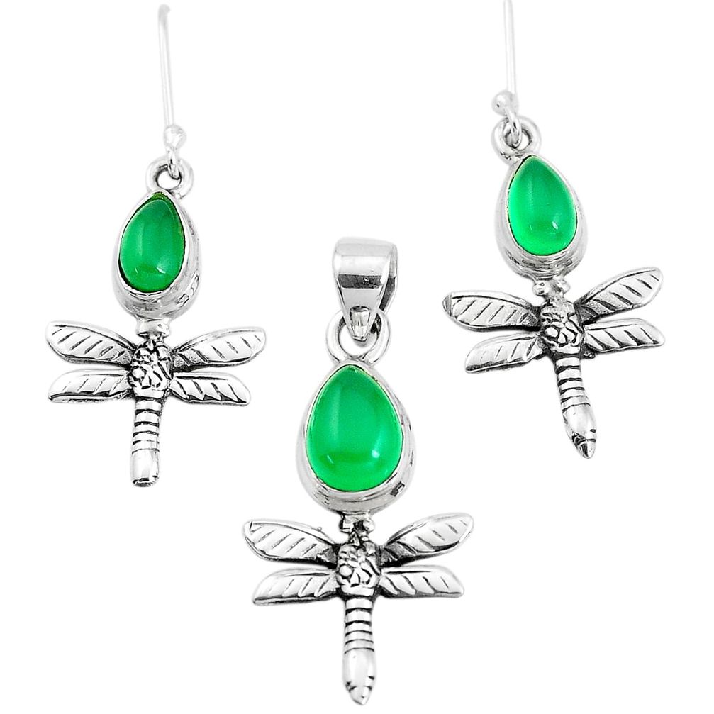 5.98cts natural green chalcedony silver dragonfly pendant earrings set p38511