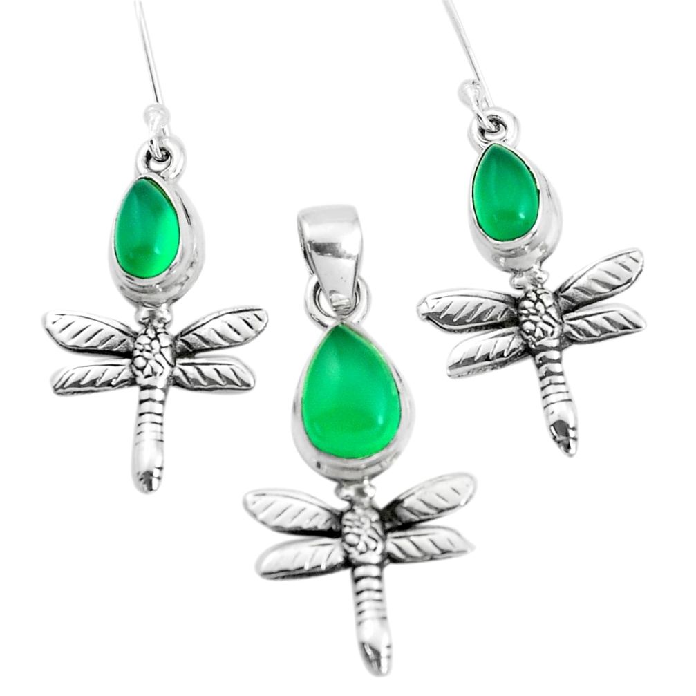 6.31cts natural green chalcedony silver dragonfly pendant earrings set p38526