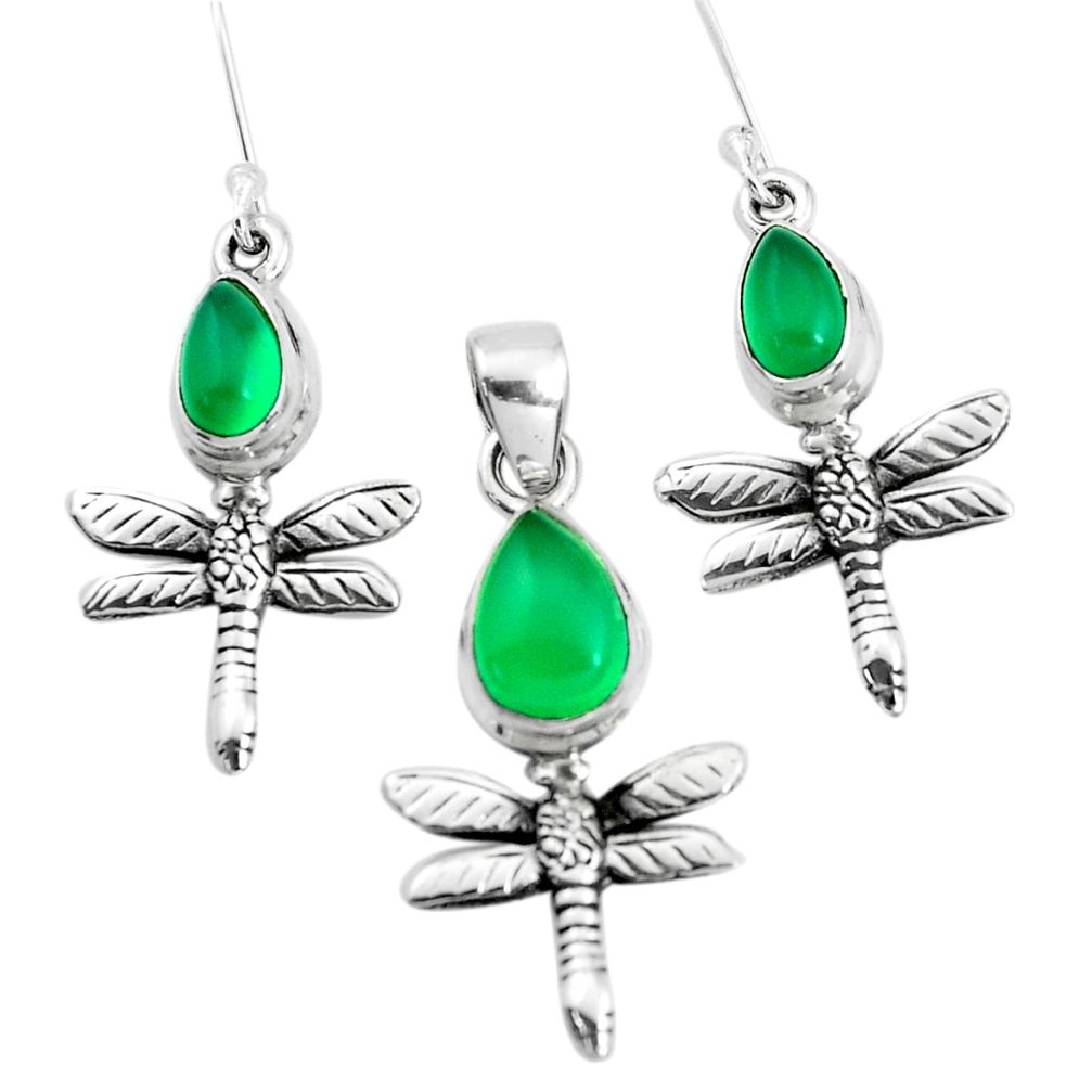 6.15cts natural green chalcedony silver dragonfly pendant earrings set p38586