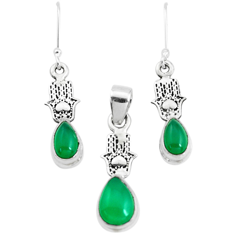 Natural green chalcedony silver hand of god hamsa pendant earrings set p38550