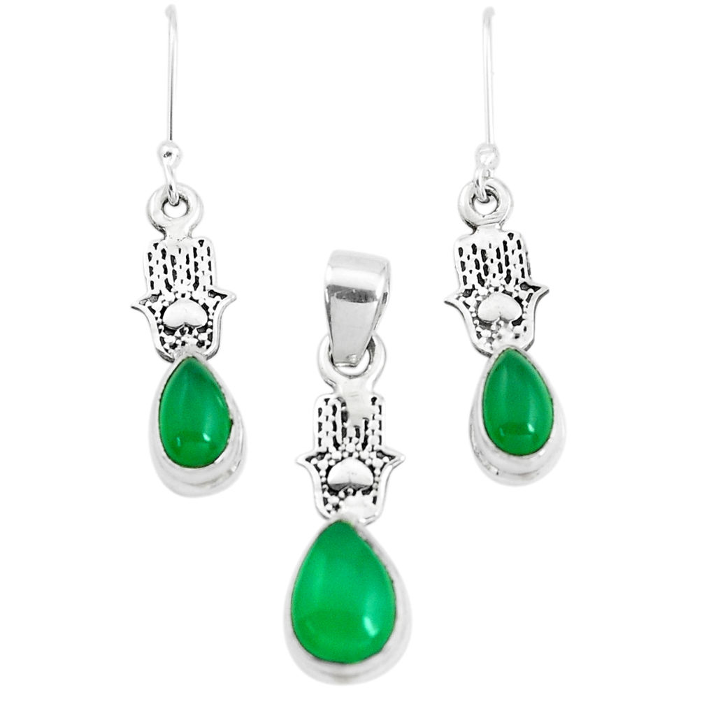 6.32cts natural green chalcedony silver hand of god pendant earrings set p38524