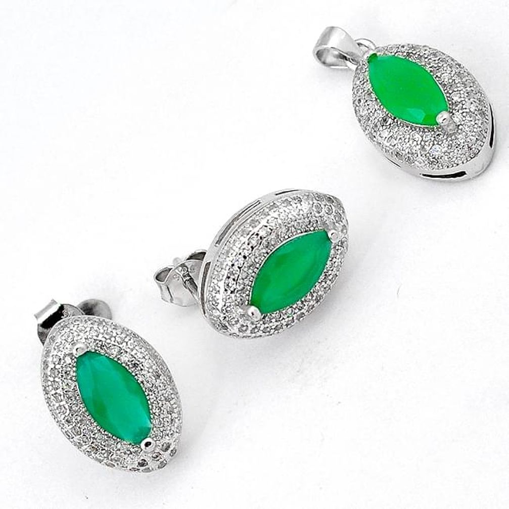 NATURAL GREEN CHALCEDONY WHITE TOPAZ 925 SILVER PENDANT EARRINGS SET H7855