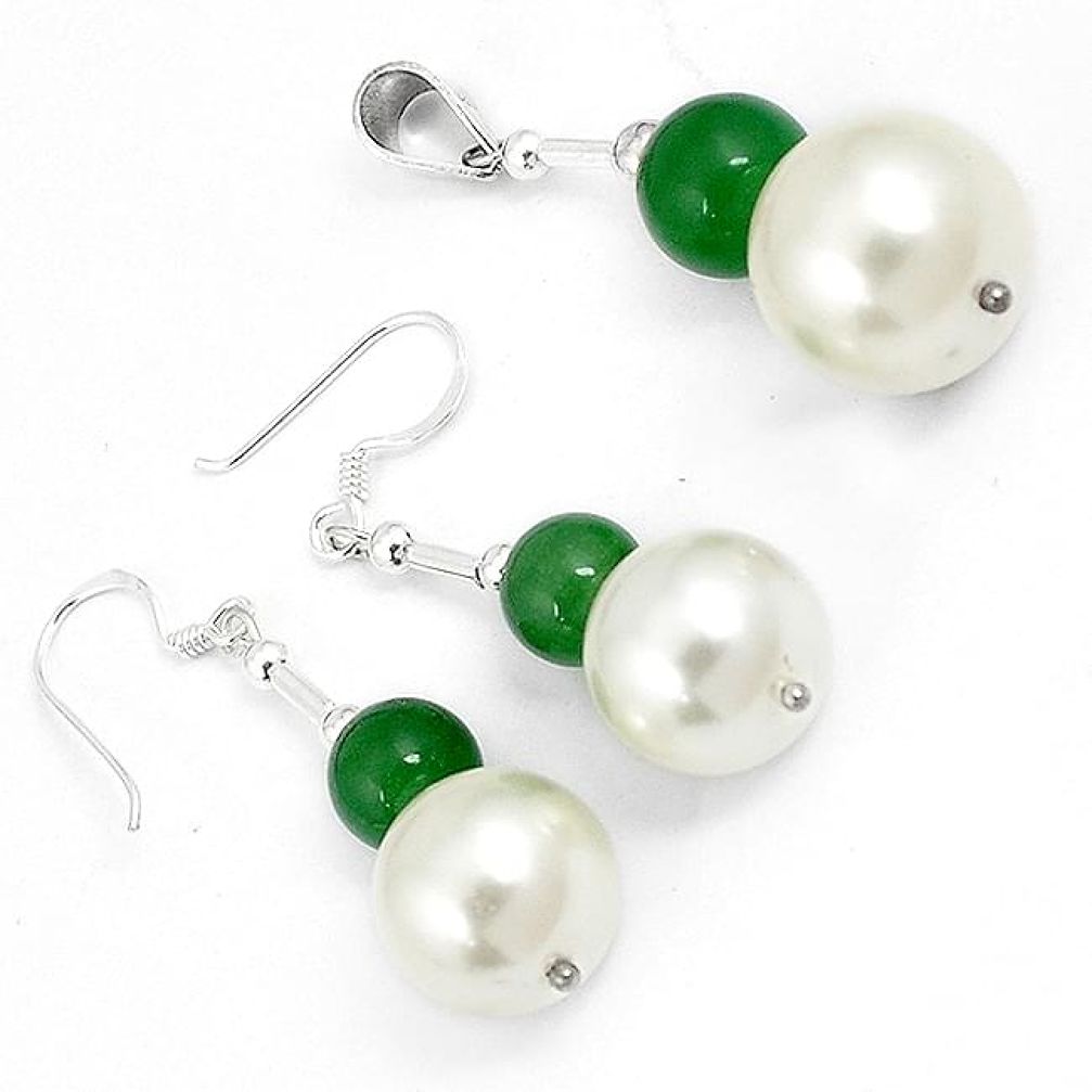 Natural green jade pearl 925 sterling silver pendant earrings jewelry set h46116