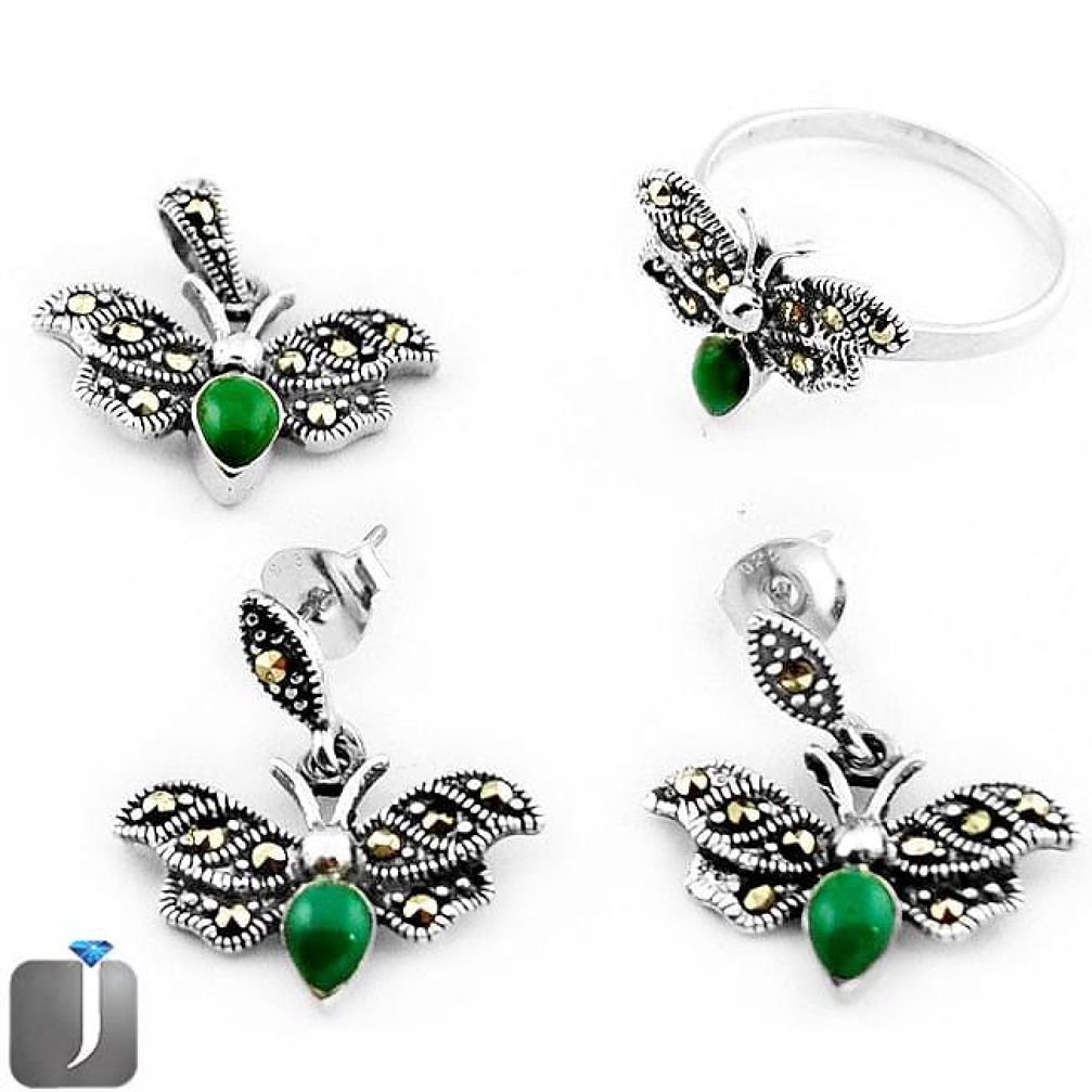 NATURAL GREEN MALACHITE DRAGONFLY 925 SILVER PENDANT RING EARRINGS SET E90199