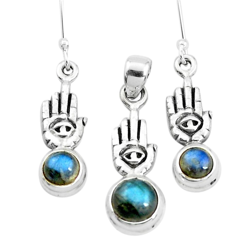 Natural labradorite 925 silver hand of god hamsa pendant earrings set p38630