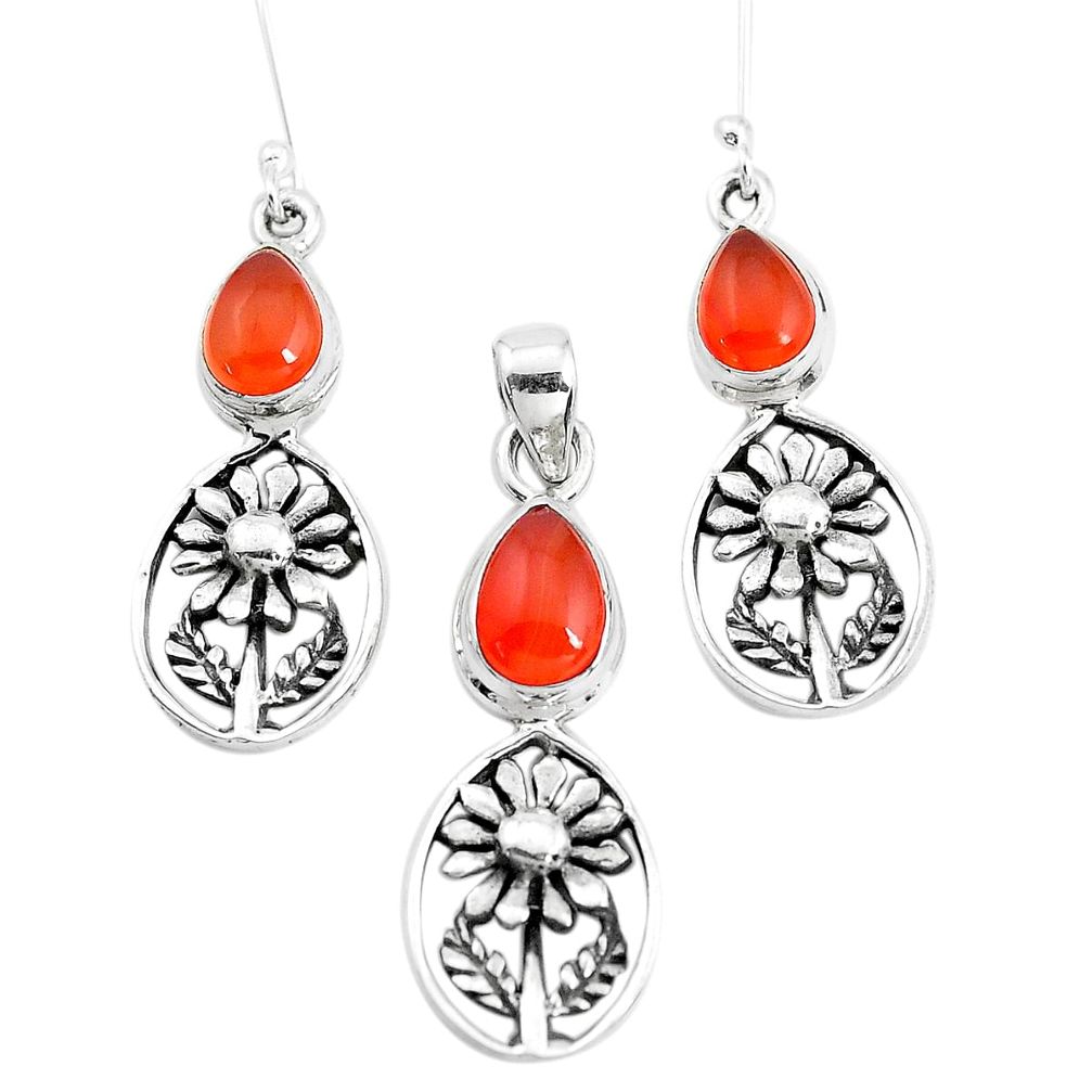 7.22cts natural orange cornelian 925 silver flower pendant earrings set p38547