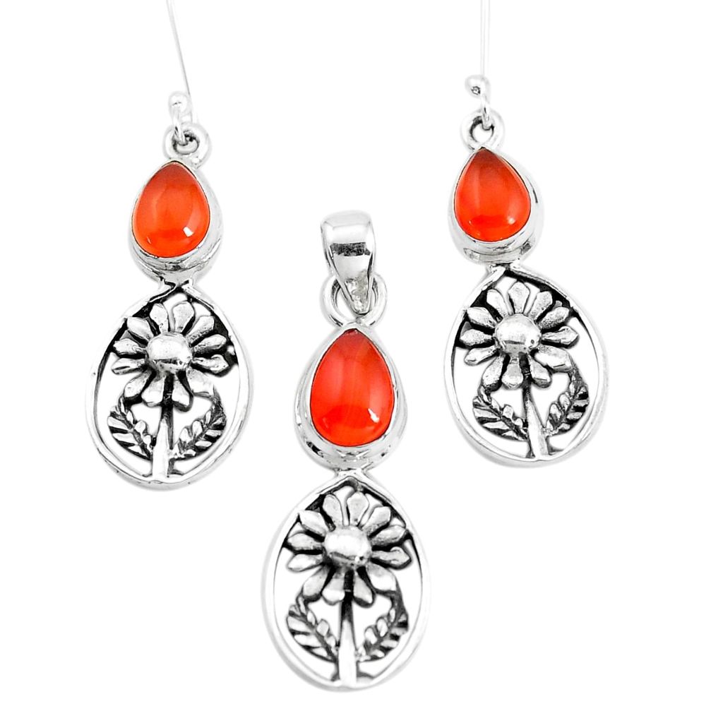 6.95cts natural orange cornelian 925 silver flower pendant earrings set p38589