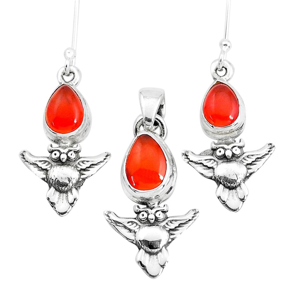 6.32cts natural orange cornelian 925 silver owl pendant earrings set p38570