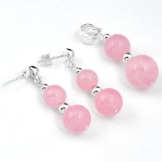 Natural pink rose quartz 925 silver round beads pendant earrings set h50120