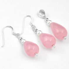 Natural pink rose quartz white pearl 925 silver drop pendant earrings set h50116