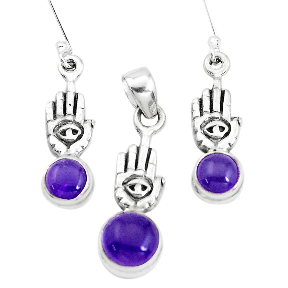 Natural purple amethyst 925 silver hand of god hamsa pendant earrings set p38598