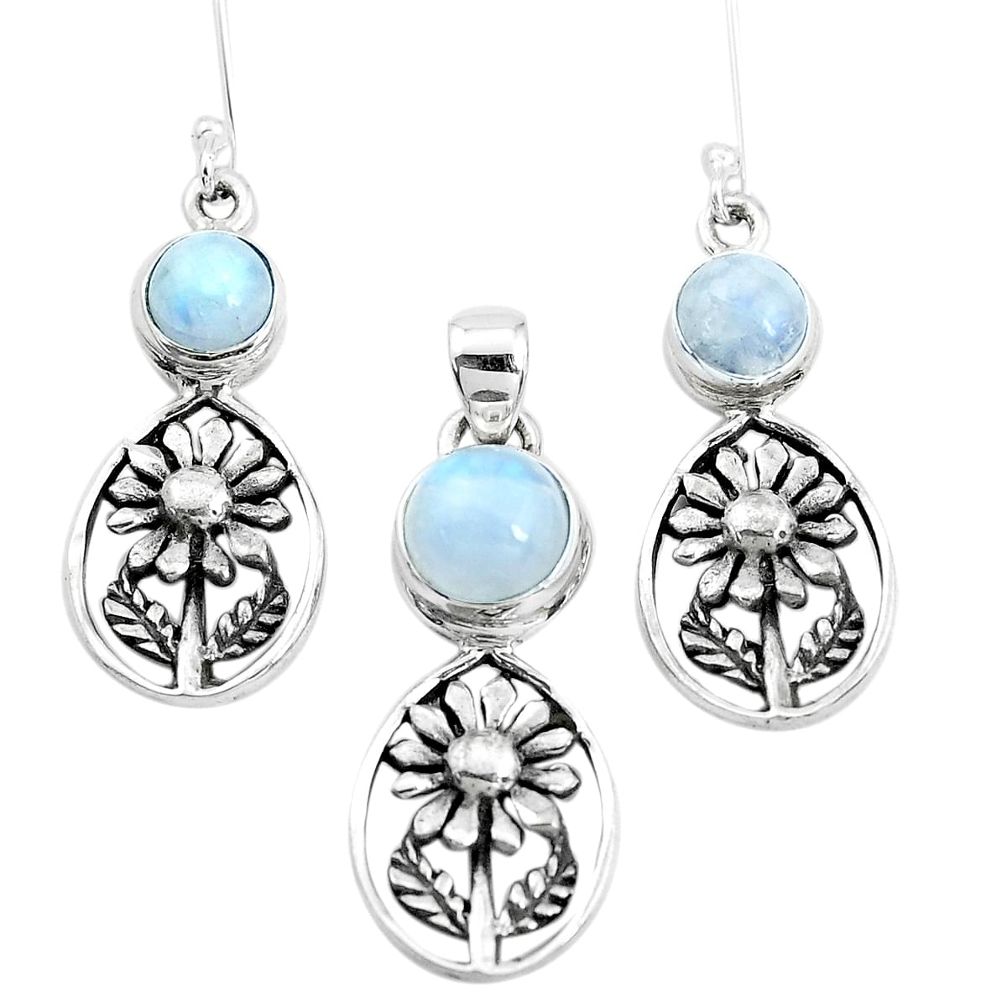 9.47cts natural rainbow moonstone 925 silver flower pendant earrings set p38563