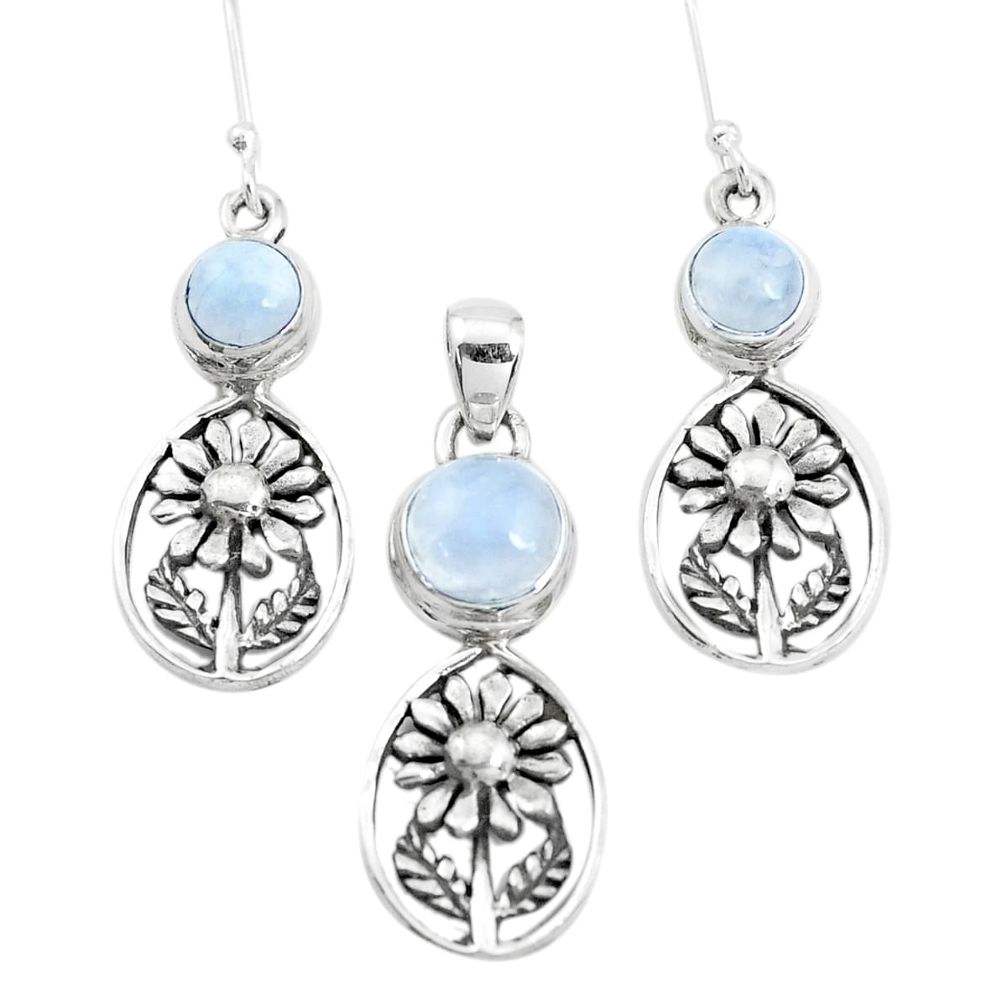 7.41cts natural rainbow moonstone 925 silver flower pendant earrings set p38629