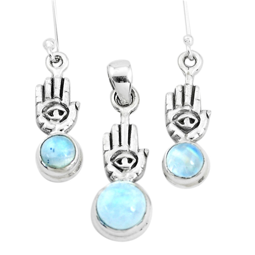 Natural rainbow moonstone 925 silver hand of god pendant earrings set p38527