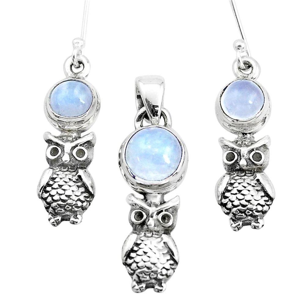 6.92cts natural rainbow moonstone 925 silver owl pendant earrings set p38569